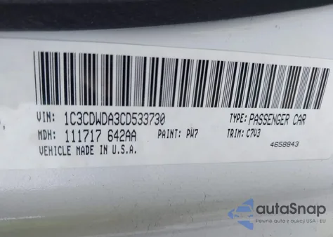 2012 Dodge Caliber Sxt из США, поврежденный, VIN 1C3CDWDA3CD533730